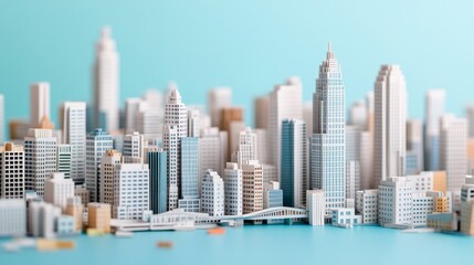 Fototapeta premium Detailed Architectural Model of a Modern City Skyline Featuring a Vibrant Blue Background with Intricate Skyscrapers and Buildings in a Clean, Minimalist Style