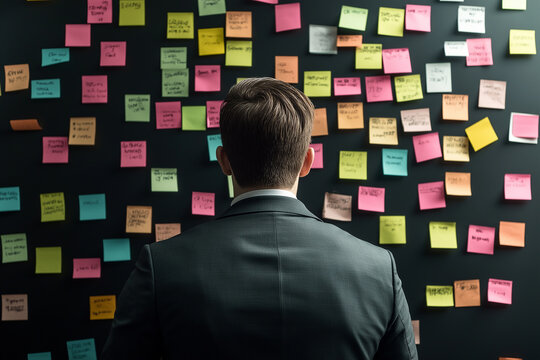 Businessman looking at many colorful sticky notes on a wall