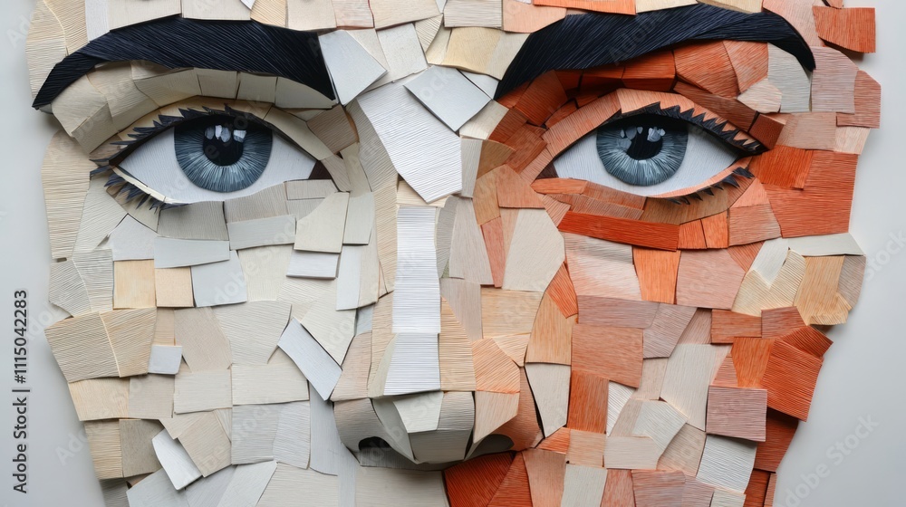 Poster artistic representation of a human face created from various shapes and textures, showcasing unique 