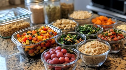 Obraz premium A balanced plant-based meal prep display with bowls of roasted vegetables, grains, and plant-based protein sources on a countertop