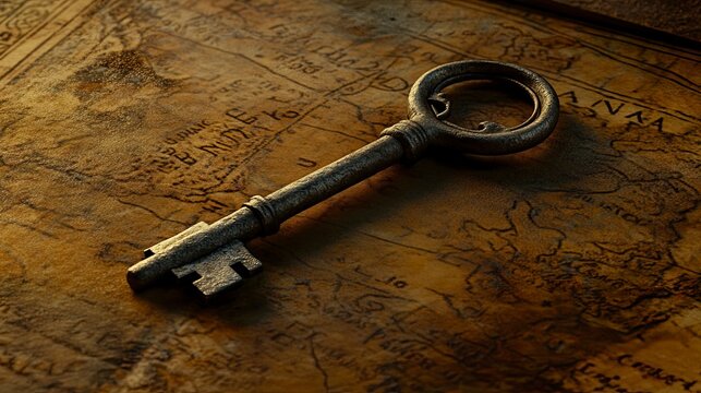 Antique key resting on an aged map