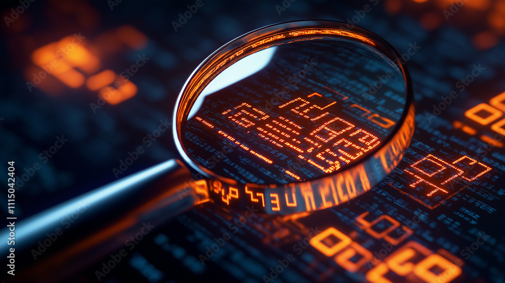 Poster Magnifying glass inspecting computer code, searching for bugs and vulnerabilities