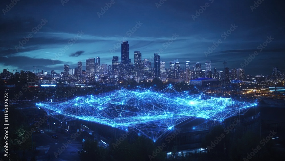 Poster cityscape at night: illuminating urban networks with smart technology and data visualization.