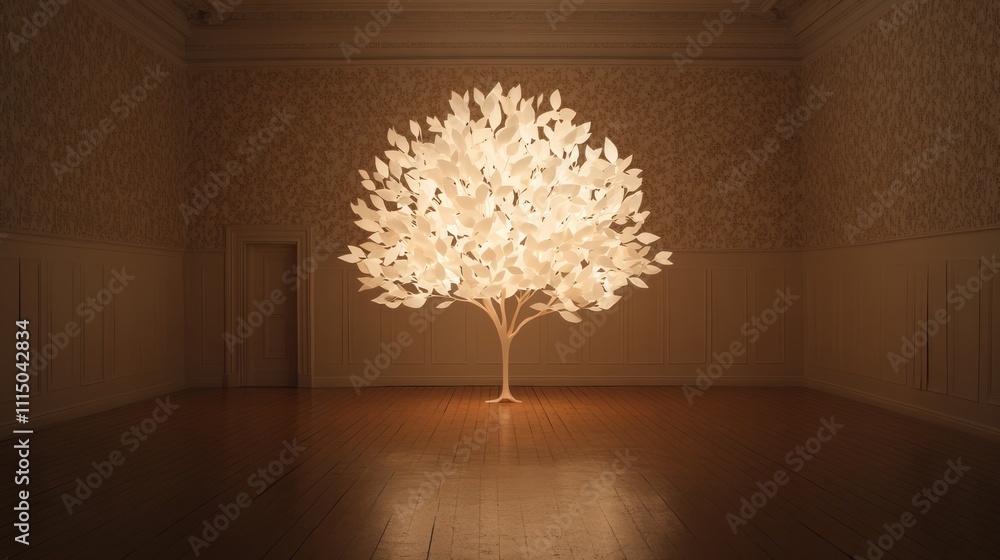 Aufkleber illuminated artistic tree in a minimalistic interior space with soft lighting and elegant design, cr