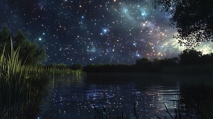A tranquil scene of a grassy meadow and a galaxy of stars reflecting on a calm pond