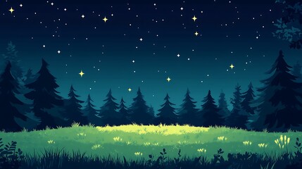 A starry night view of a meadow with faint outlines of trees in the background