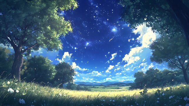A tranquil expanse of grasslands bordered by trees under a magnificent sky of stars