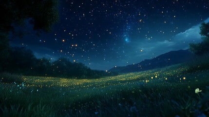Naklejka premium A clear night with a meadow glowing faintly under the light of millions of stars