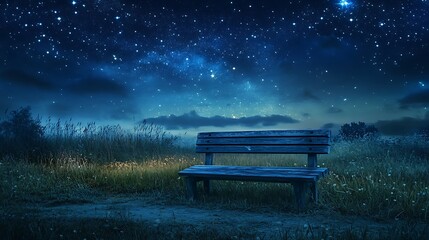Obraz premium A small wooden bench in the middle of a meadow under a sparkling night sky