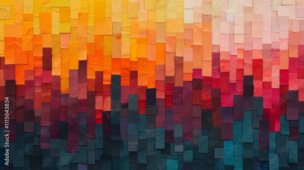 Poster vibrant abstract mosaic of colorful textures in warm tones transitioning from orange to red and dark