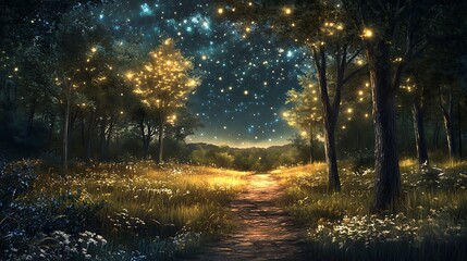 Naklejka premium A meadow trail lit faintly by the stars leading through a cluster of trees