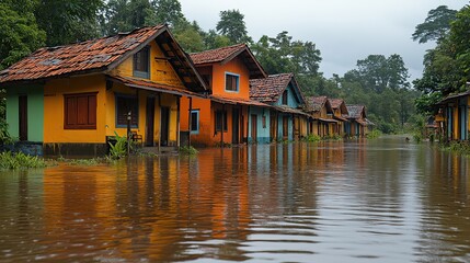 Obraz premium Flooded villages after intense rainfall demonstrate the catastrophic impact of global warming on communities across the world