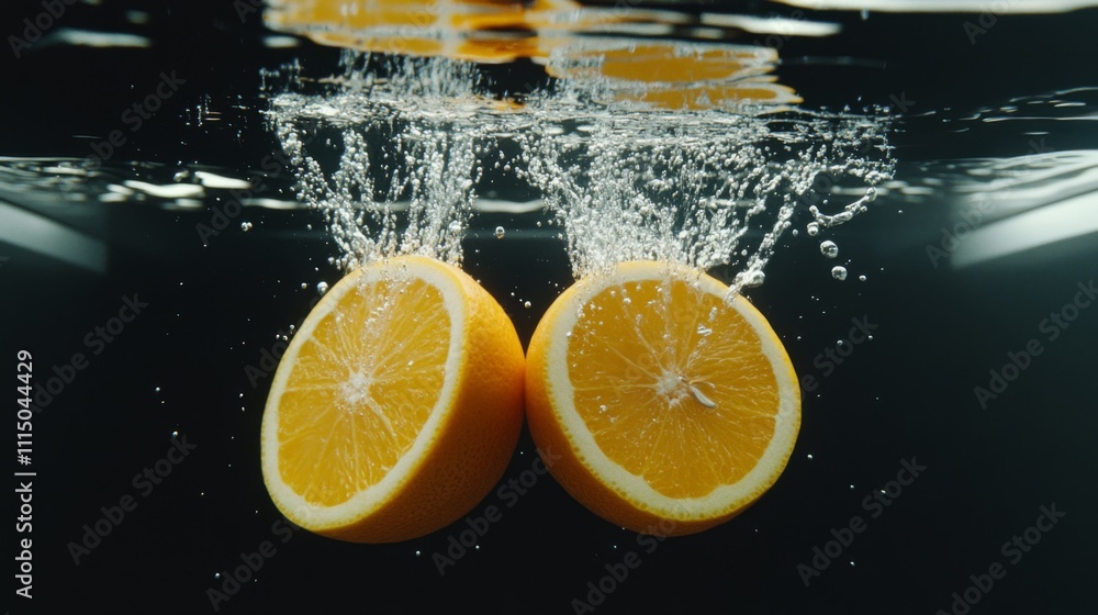 Aufkleber slices of orange create bubbles while being submerged in water showcasing vibrant colors and refresh