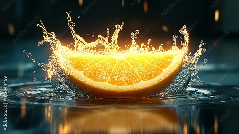 Aufkleber bright orange slice splashes into water creating a captivating display of droplets and light reflect