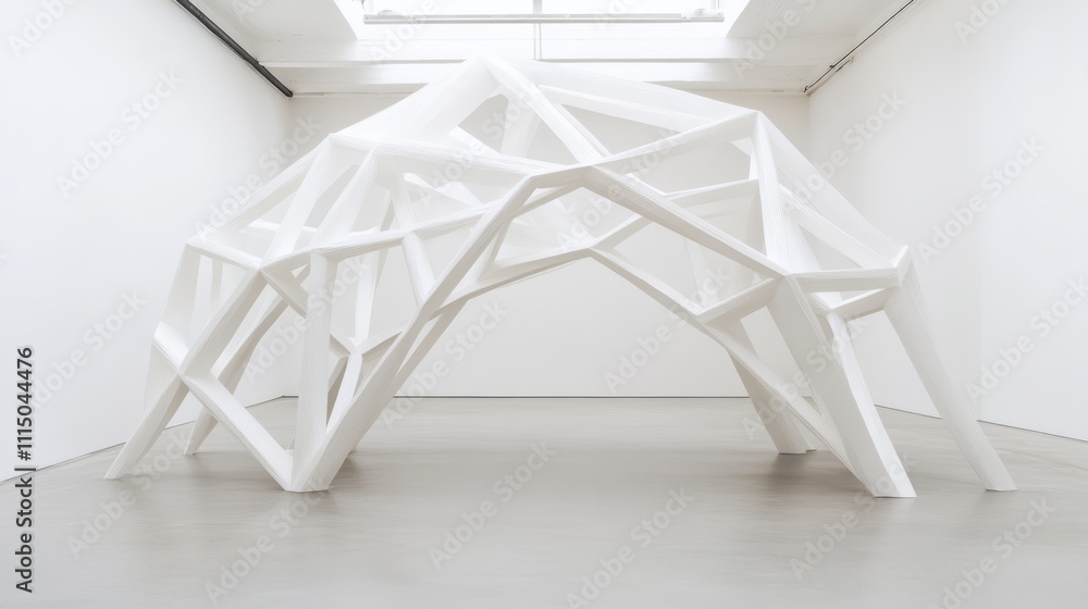 Poster abstract architectural structure in modern gallery space featuring geometric lines and white minimal