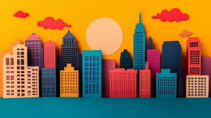 Obraz premium Vibrant Paper Craft City Skyline with Colorful Buildings Against Bright Yellow Background and Sun in Artistic Paper Art Style