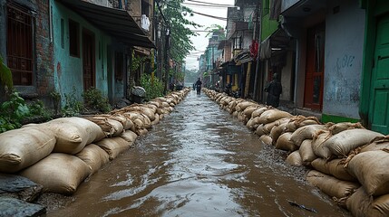 Fototapeta na wymiar Flooding in urban areas with sandbag protections in place, a visual representation of flood defense during natural disasters