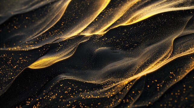 black space, illusion, flowing light, golden sand, golden thread, Aerial view of golden quicksand forming river convergence patterns,, luxury, depth 
