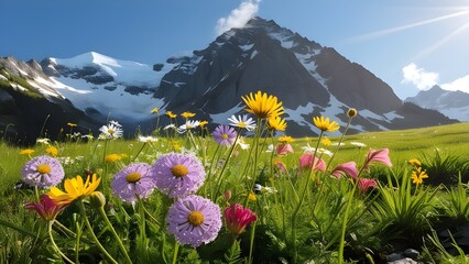 Fototapeta premium /imagine: A serene alpine meadow with wildflowers and a snow-capped mountain in the distance under a clear blue sky --ar 3:2 --v 4