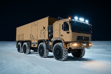 Obraz premium Heavy-duty military truck navigating through a snowy landscape at nighttime with bright lights illuminating the path