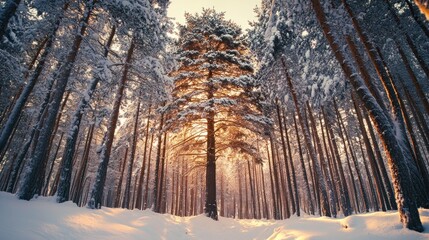 Obraz premium Enchanted Winter Forest: A Sunlit Path Through Snow-Covered Pines
