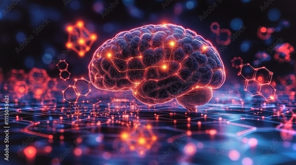 Poster neural connections illuminated by chemical structures in 4k resolution