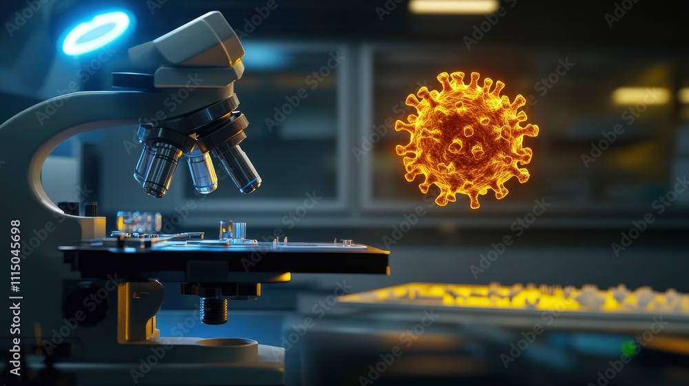 Poster microscope observing a glowing virus in a lab setting