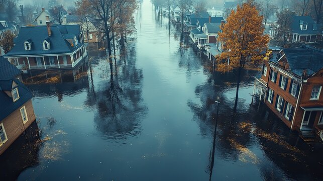 Floodwaters from the river rise and submerge large areas, illustrating the increasing frequency of extreme weather events related to climate change