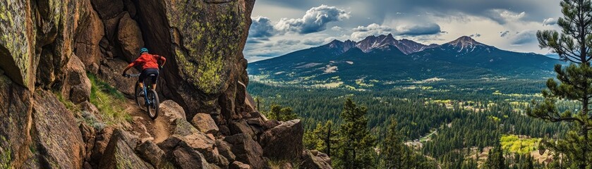 Obraz premium A mountain biker navigates rocky terrain with a scenic mountain backdrop.