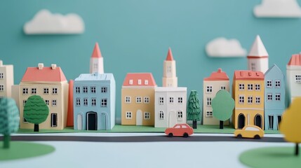 Fototapeta premium Colorful miniature cityscape with playful buildings made from paper, featuring trees and cars on a vibrant background, ideal for creative and whimsical designs.