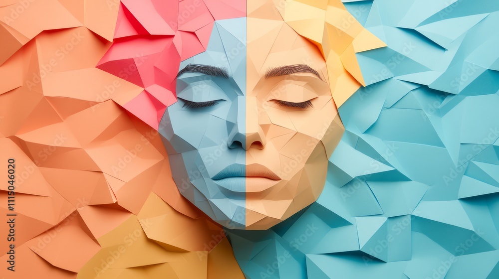 Poster abstract portrait with geometric shapes in vibrant colors, featuring a symmetrical design of calm ex