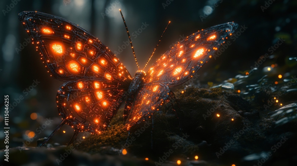 Poster glowing butterfly with intricate patterns in enchanted forest
