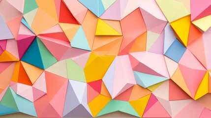 Obraz premium Vibrant Geometric Paper Art Composition Featuring Multicolored Triangles and Shapes on a Soft Surface for Creative Backgrounds and Designs