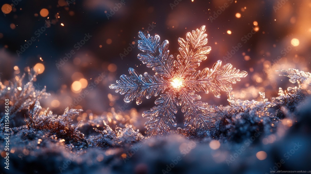 Poster sparkling snowflake on frosty surface with warm background glow