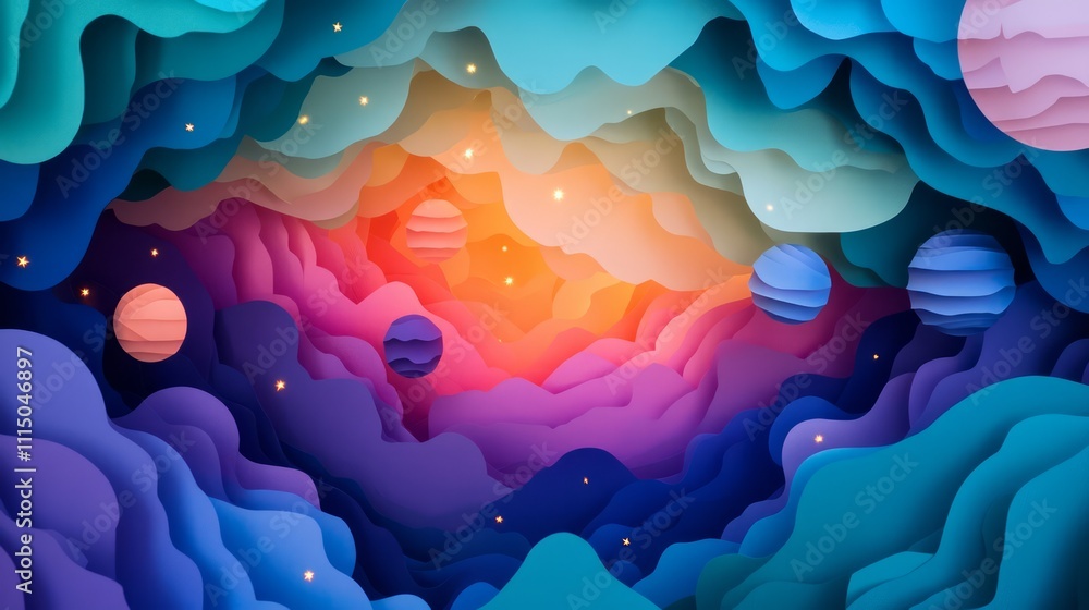 Aufkleber abstract landscape of colorful waves and planets in cosmic space, featuring soft textures and vibran