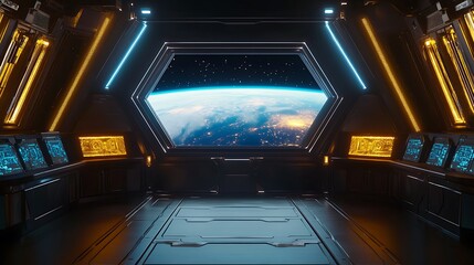 Obraz premium Spaceship interior with Earth view from hexagonal window.