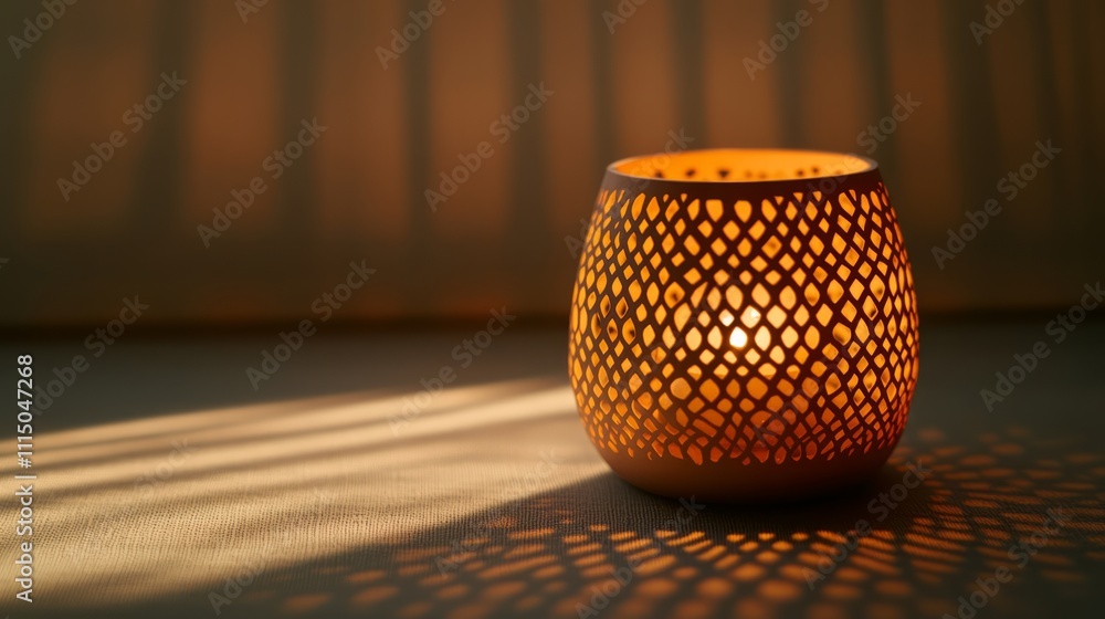Poster warm glow of a decorative candle lantern creating intricate shadows on a soft surface in a cozy indo