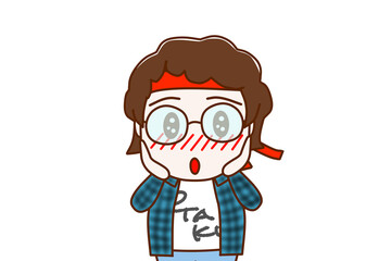 （上半身正面）驚きながら目を輝かせて感動し顔を真っ赤にするメガネをかけたオタク