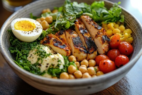 Nutritious bowl with grilled chicken, greens, chickpeas, and boiled egg - Powered by Adobe