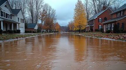 Obraz premium Floodwaters submerging roads and homes in rural towns, reflecting the vulnerability of small communities to extreme weather