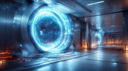 Futuristic gateway in a sleek, high-tech corridor