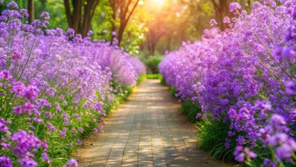 Obraz premium Garden walkway surrounded by blooming purple Murdannia Giganteum wildflowers in natural sunlight , Meadow