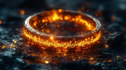 Illuminated golden ring with fiery inscriptions in dark setting