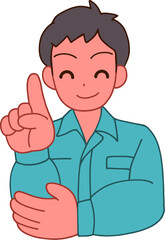 作業服を着た笑顔で指をさすデフォルメ男性のイラスト