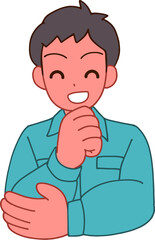Obraz premium 作業服を着た笑顔で考えるデフォルメ男性のイラスト