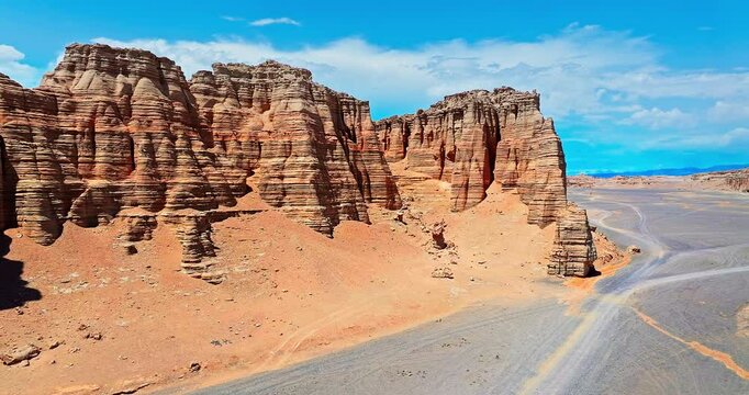 Aerial view of the spectacular Yardang landform mountain natural landscape in Xinjiang. The famous Dahaidao desert gobi scenery in China.