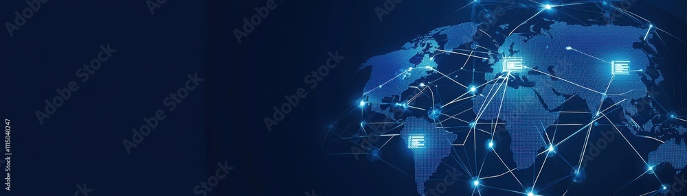 Poster a digital representation of a global network, showcasing interconnected nodes and lines over a dark 