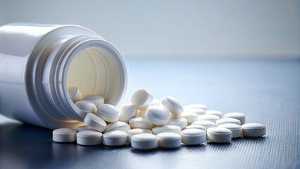 close-up of pills spilling out of a white medicine bottle, medicine, pills, pharmaceuticals, close-up, spill
