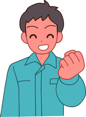 作業服を着たガッツポーズする笑顔のデフォルメ男性のイラスト