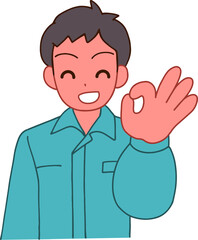 作業服を着たOKする笑顔のデフォルメ男性のイラスト